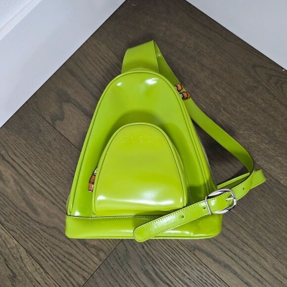 Gucci Vintage 90s Bamboo Patent Leather Mini Sling Backpack Lime Avocado Green - Picture 1 of 16